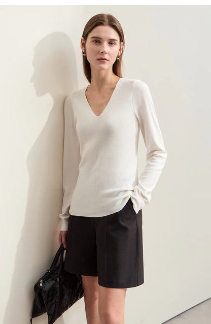 Damen V-Ausschnitt Pullover Wolle-Seide Slim Pendler Herbst