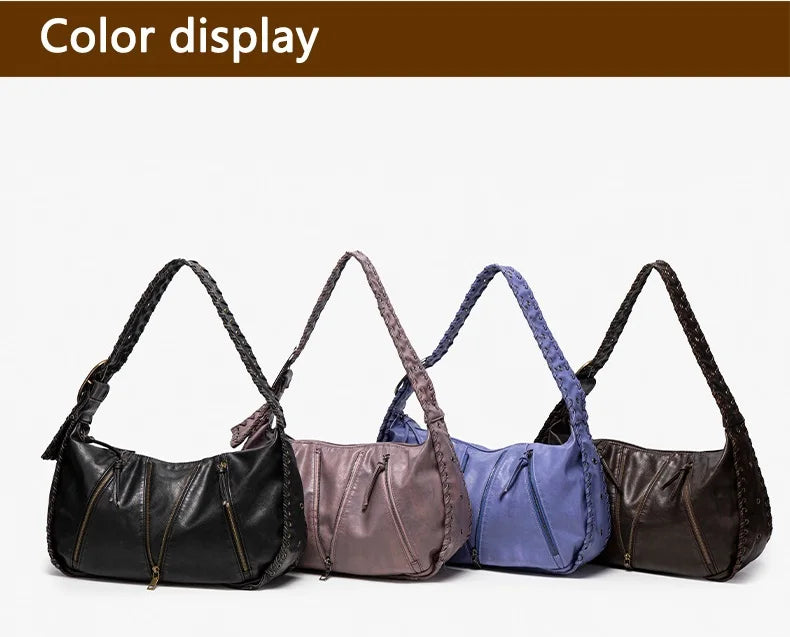 Damen-Hobo-Handtasche Vintage-Stil aus weichem Kunstleder mit geflochtenem Tragegurt und Mehrfach-Reißverschlussfächern