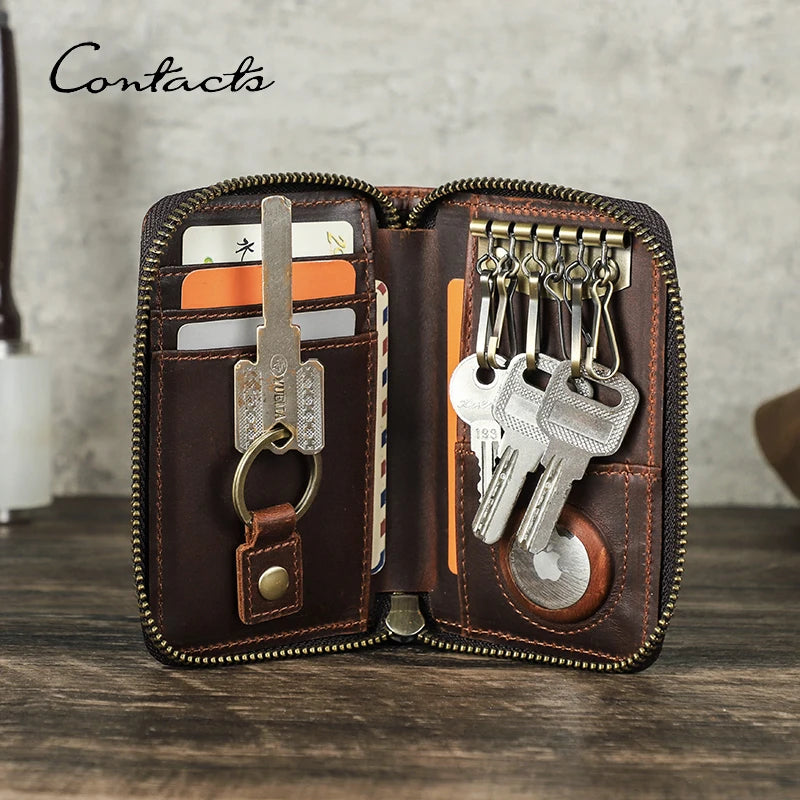 Leder-Schlüsselbrieftasche mit Reißverschluss, Kartenfächern und Schlüsselanhängern, braun