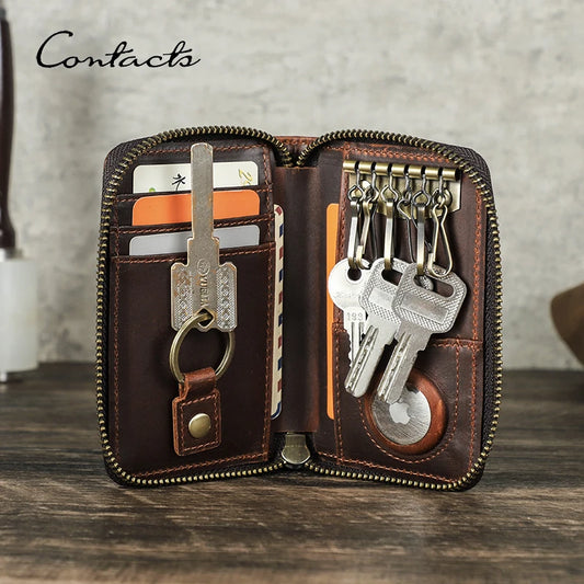 Leder-Schlüsselbrieftasche mit Reißverschluss, Kartenfächern und Schlüsselanhängern, braun