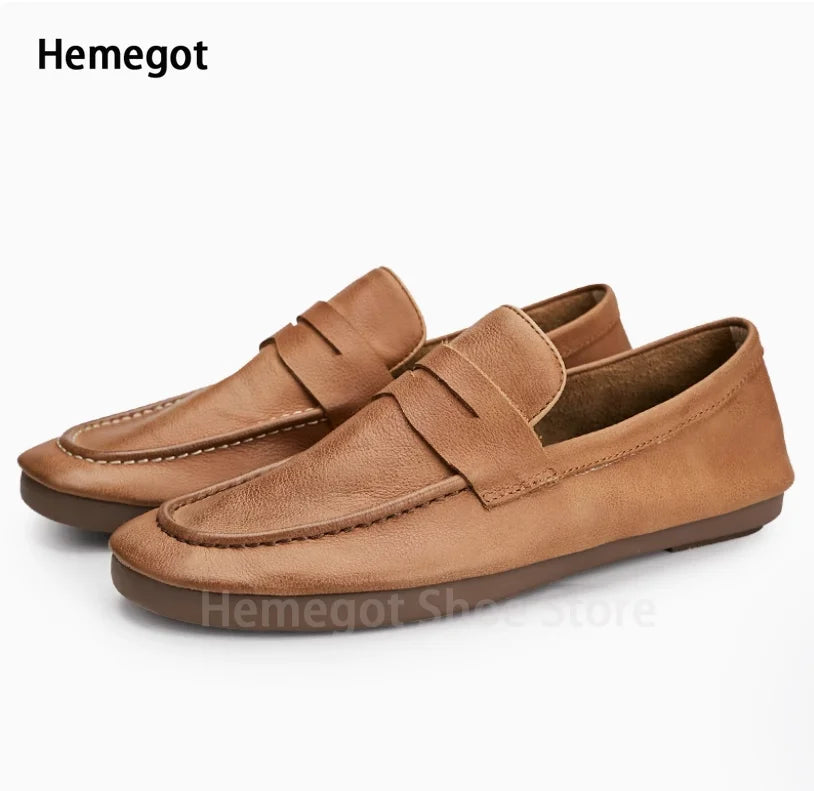 Herren-Loafer aus hellbraunem Leder mit rundem Zeh und breitem Riemen