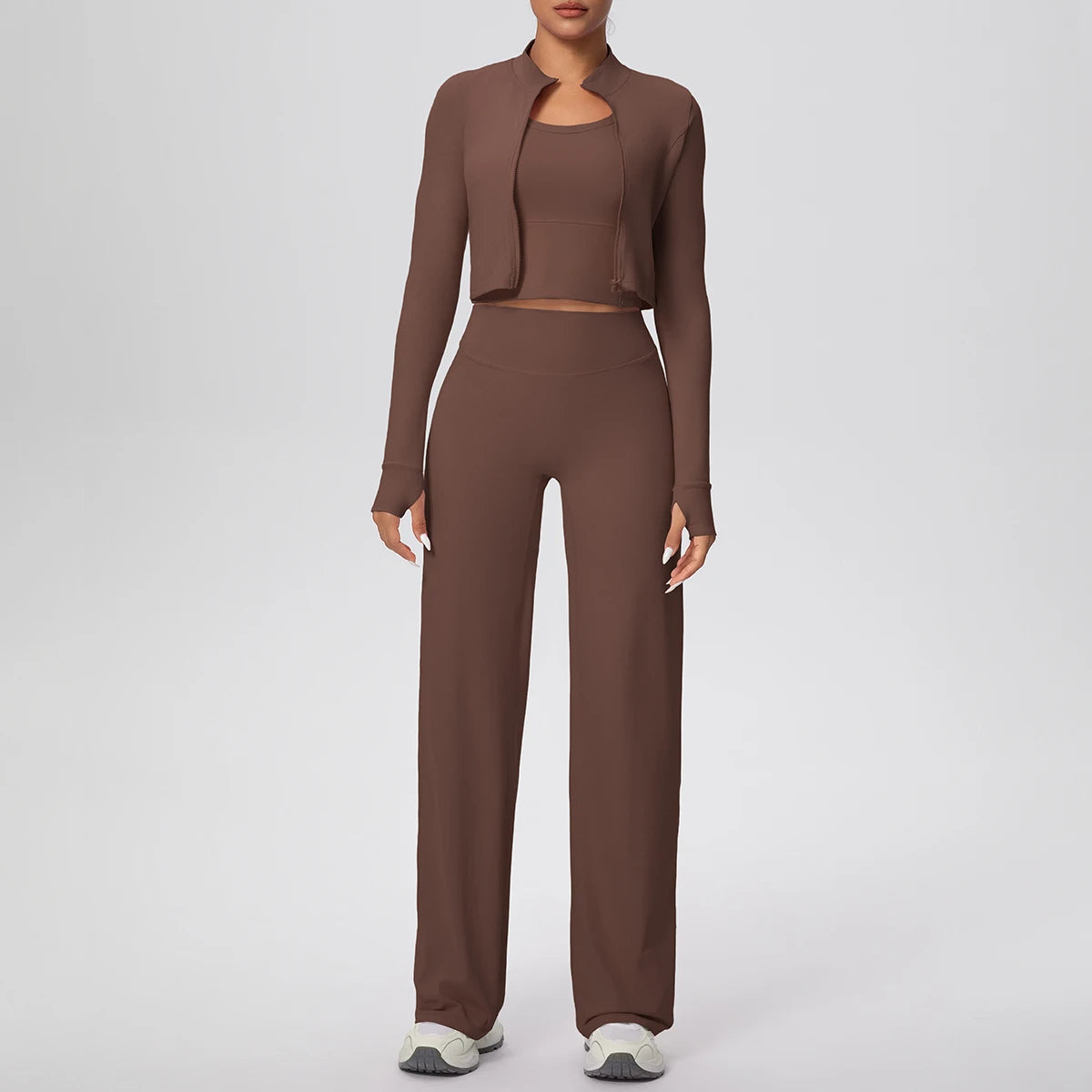 Yoga-Set: braunes langärmliges Zip-Jacke-Crop und weite Hose