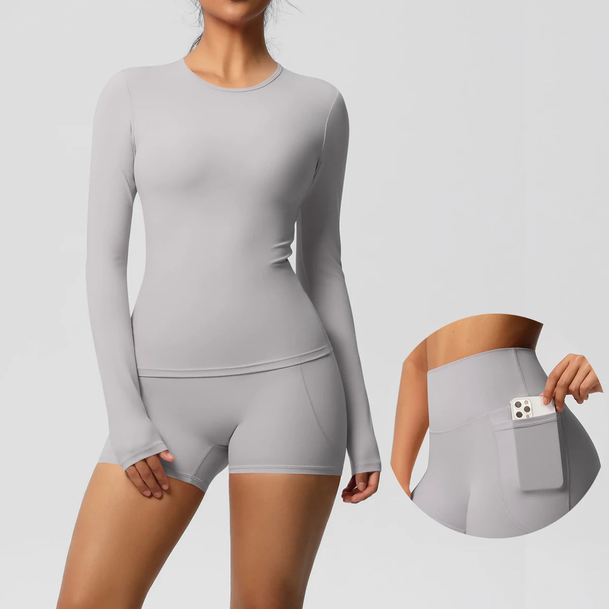 Damen-Yoga-Set mit langarmigem Oberteil und Shorts, hellgrau