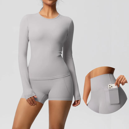 Damen-Yoga-Set mit langarmigem Oberteil und Shorts, hellgrau