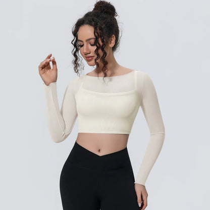 Damen Langarm-Yoga-Shirt cremefarben, vorderer Ausschnitt mit Netzstreifen und schmalen Bündchen