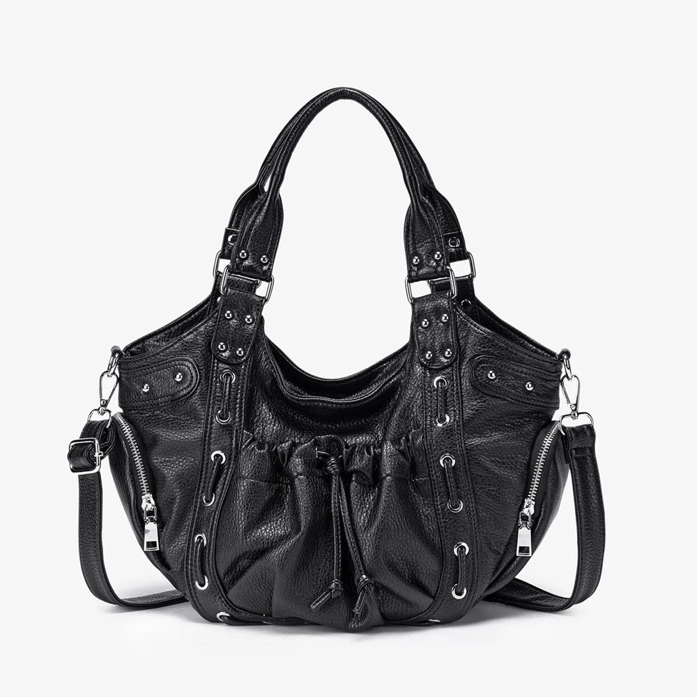 Damen-Hobo-Tasche Aus Leder Im Abgenutzten Retro-Y2K-Biker-Stil Mit Reißverschluss