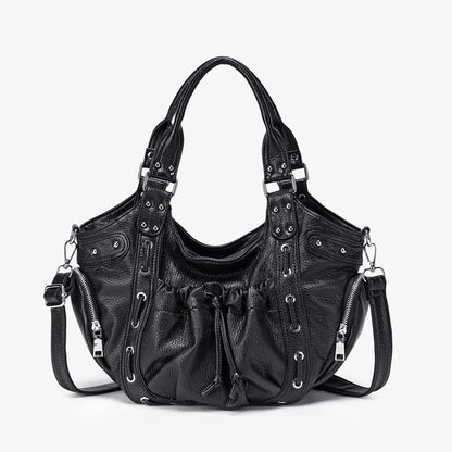Damen-Hobo-Tasche Aus Leder Im Abgenutzten Retro-Y2K-Biker-Stil Mit Reißverschluss