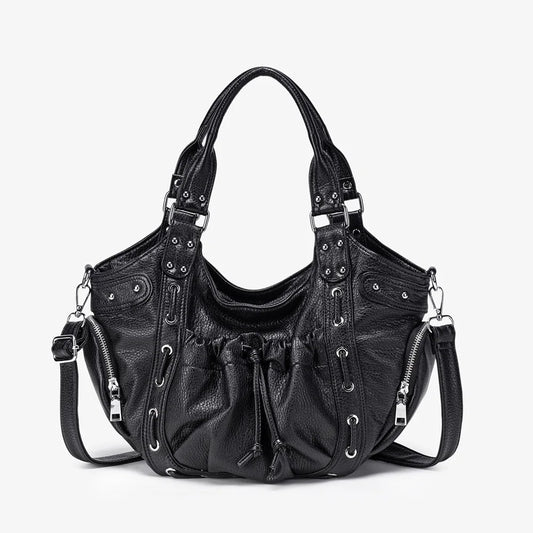 Damen-Hobo-Tasche Aus Leder Im Abgenutzten Retro-Y2K-Biker-Stil Mit Reißverschluss