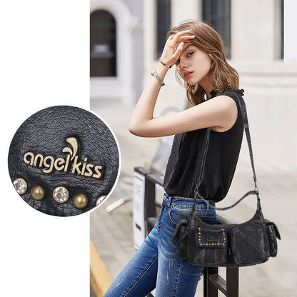 Damen-Schultertasche aus Denim und Canvas mit Reißverschluss und großem Hauptfach und Smartphonefach