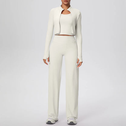 Yoga-Set: hellbeiges Zip-Jacke-Crop mit langen Ärmeln und weiter Hose