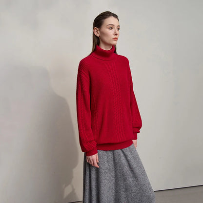 Damen-Rollkragenpullover Wolle lang locker Retro Winter