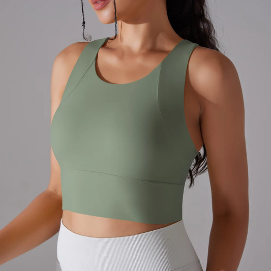 Nylon-Yogatop für Frauen, Slim Fit, ärmellos, U-Ausschnitt, Sage Green, Vorderansicht
