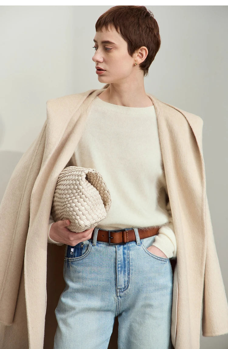 Damenpullover mit Rundhalsausschnitt, lange Ärmel, locker gestrickt, beiger Farbton