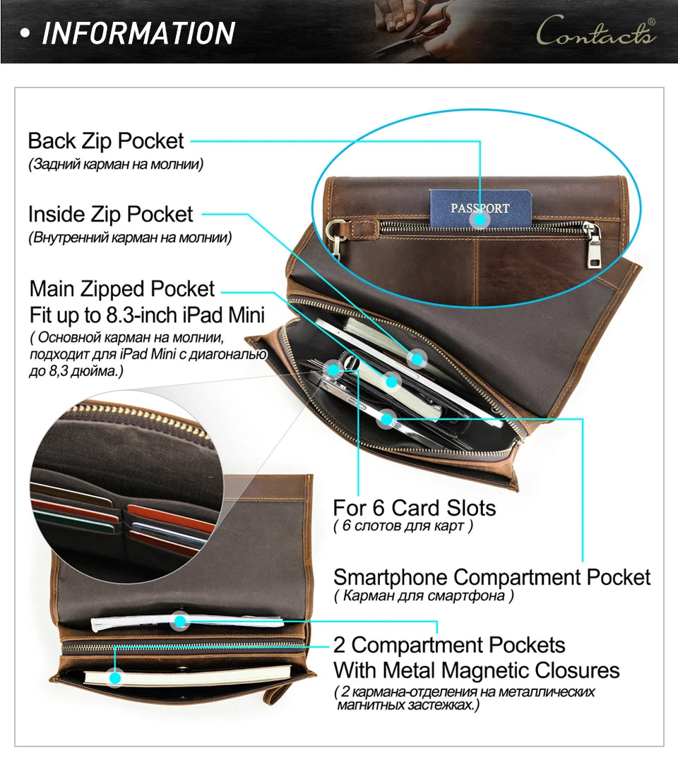 Braune Clutch mit Reißverschlussfächern, Passethalter und Kartenfächern (6 Slots)