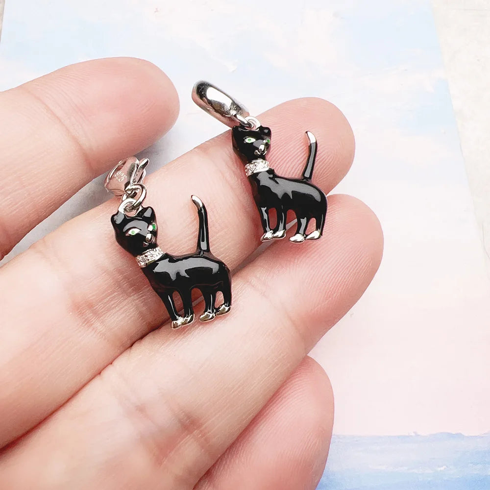 Damen-Charm-Anhänger schwarze Katze süß DIY Club aus Sterlingsilber