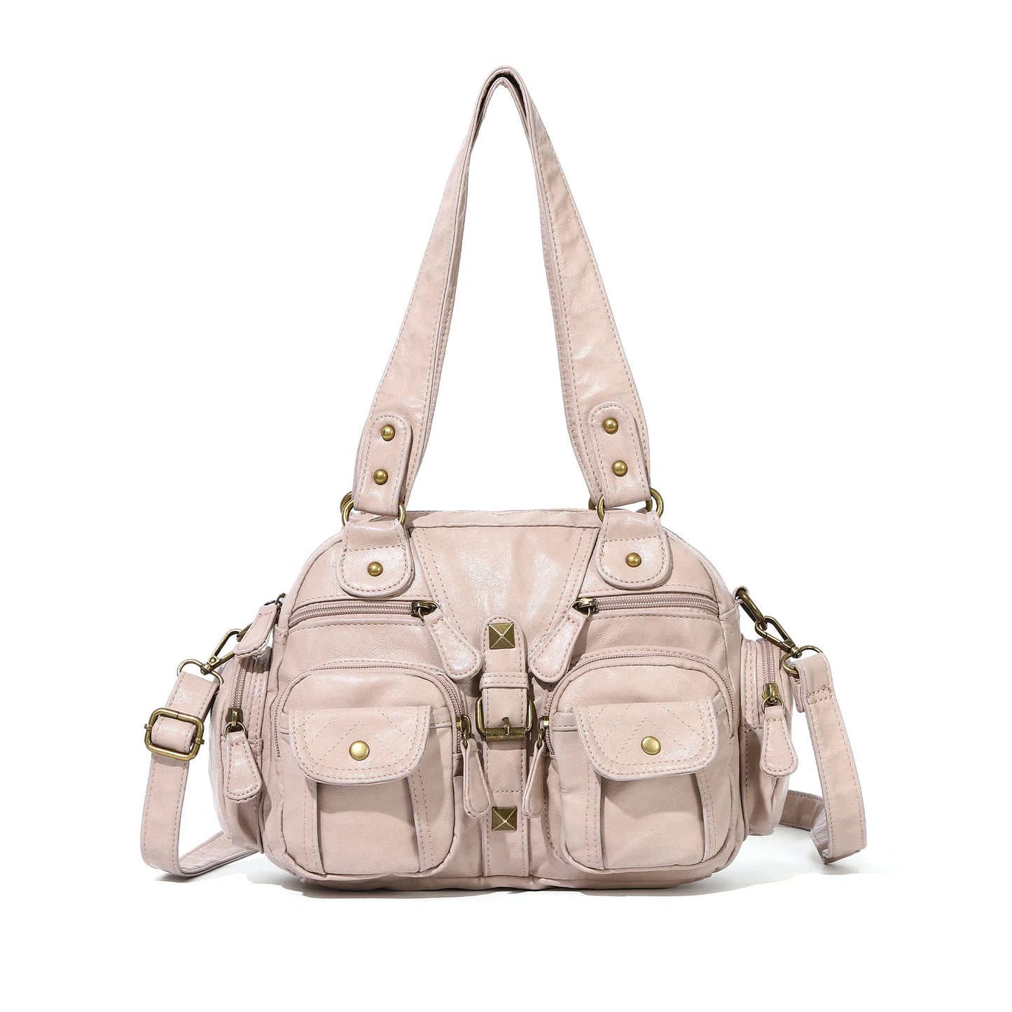 Damen-Umhängetasche aus Leder in Pink Vintage-Look mit Mehrfachfächern und Großem Fassungsvermögen