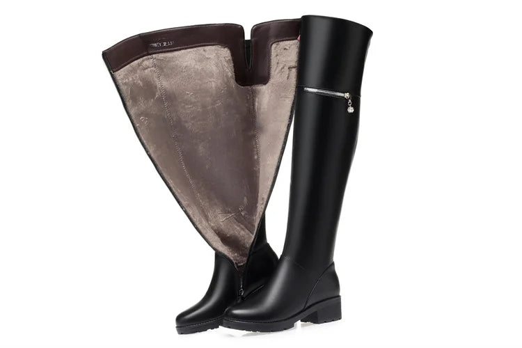 AIYUQI Women's Over Knee Boots Winter Fashion Middle Heel Fur Long Boots Women Genuine Leather Rider Boots Ladies