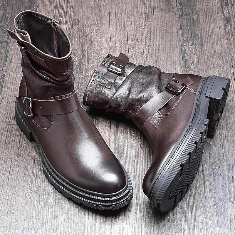 Herren-Chelsea-Boots mit Schnallenriemen und Seitreißverschluss, braunes Leder