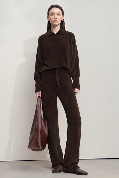 AMII Strickpullover mit weitem Hose-Set, dunkelbraun, Langarm und Bindebund