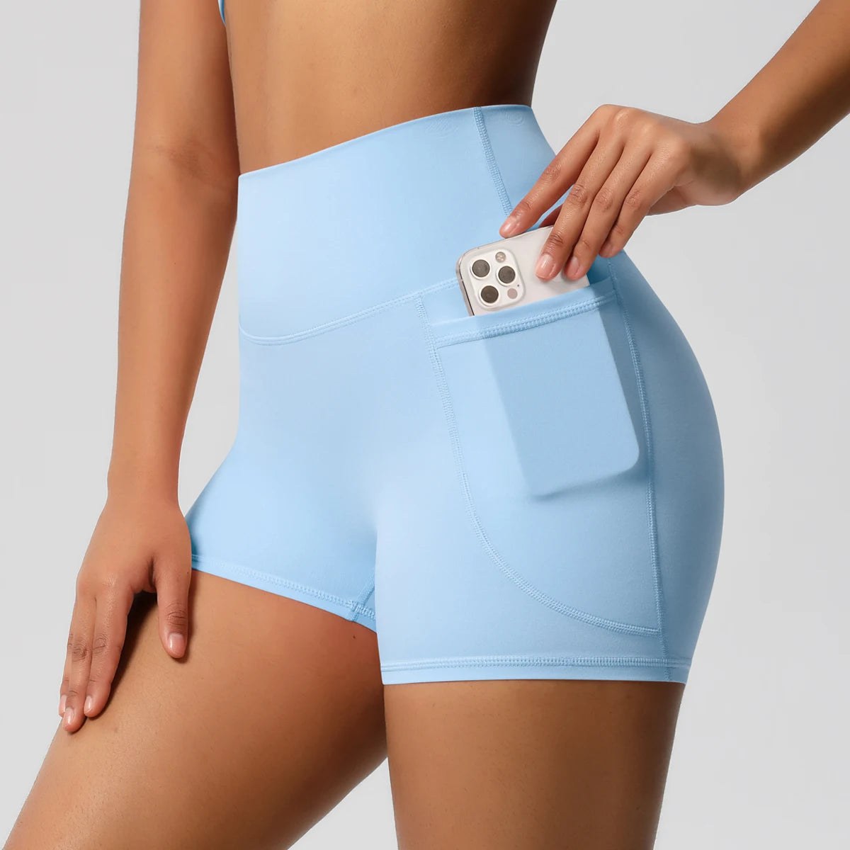 Yogahose Damen mit hoher Taille und Taschen, hellblau