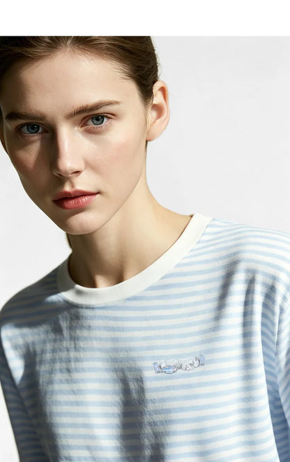 Damen-Rundhalspullover Colorblock Streifen Kurzarm locker Viskose Sommer