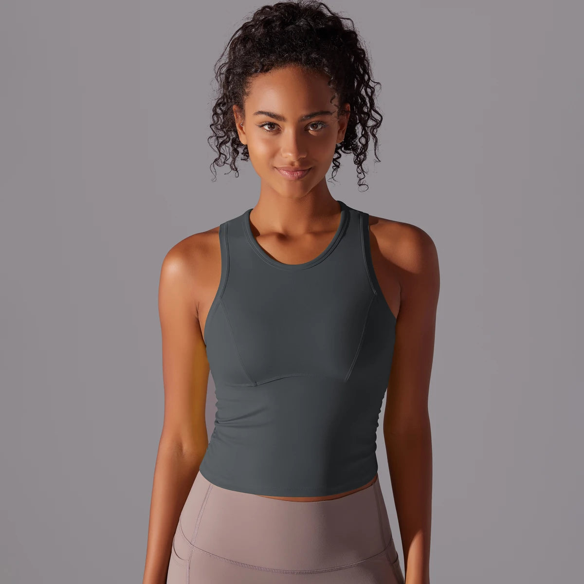 Graphitgraues Yoga-Tanktop für Damen, ärmellos, Rundhalsausschnitt, tailliert