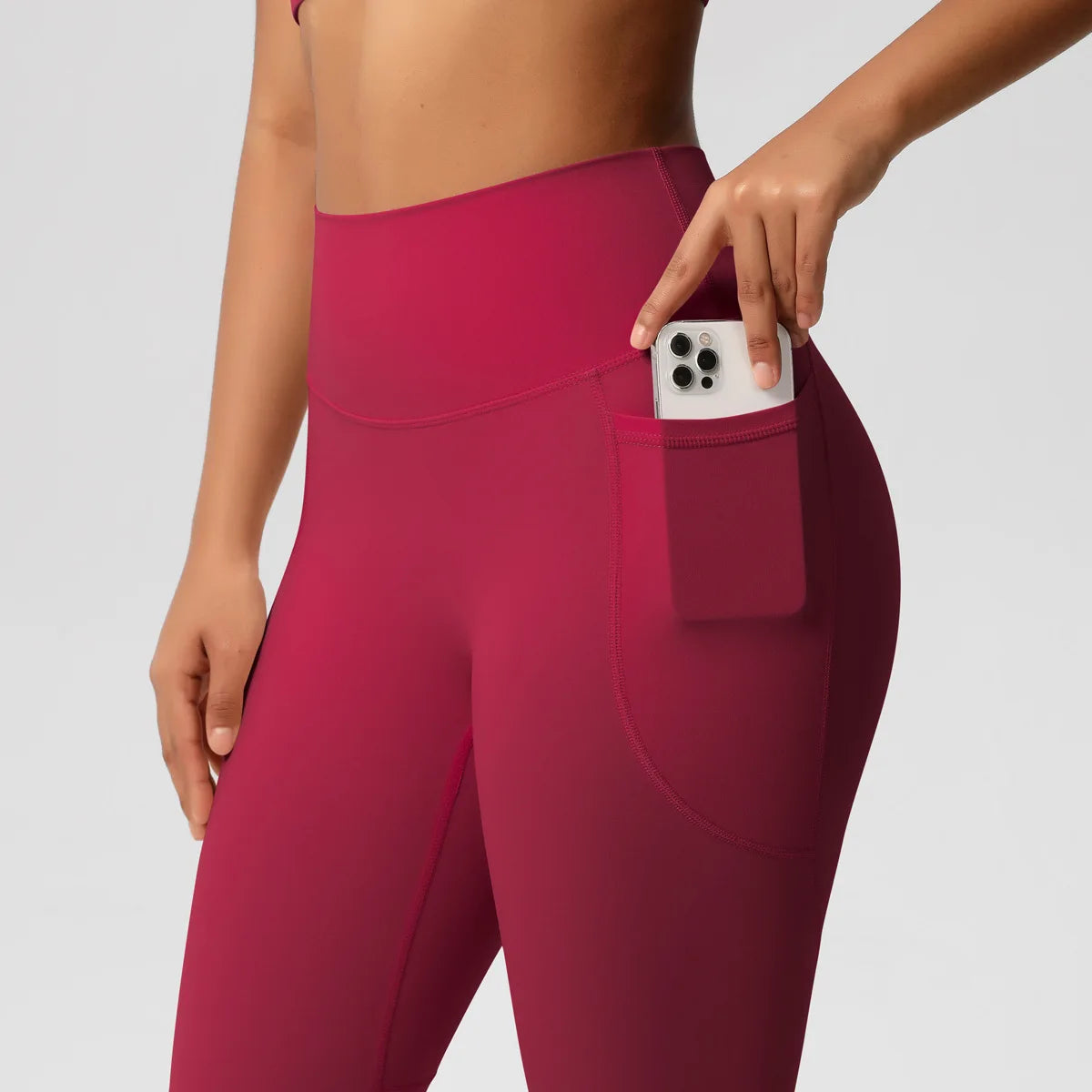 Damen Yoga-Overall, dunkelrot, Seitentasche vorn, schmaler Bund, rückenfrei