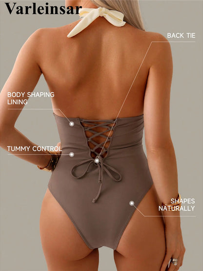 Damen Badeanzug Spleiß V-Ausschnitt rückenfrei Neckholder Monokini gepolstert