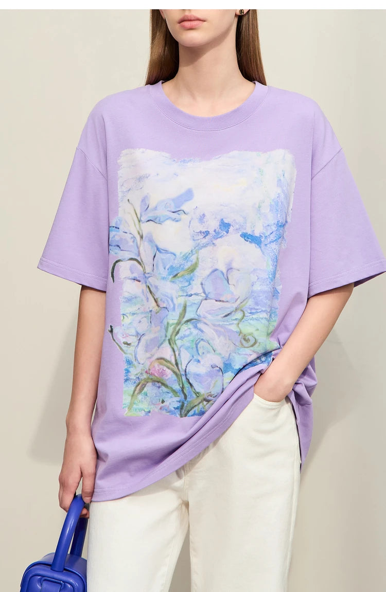 Damen T-Shirt im Minimalismus-Stil mit Kunstöl-Farbdruck für den Sommer