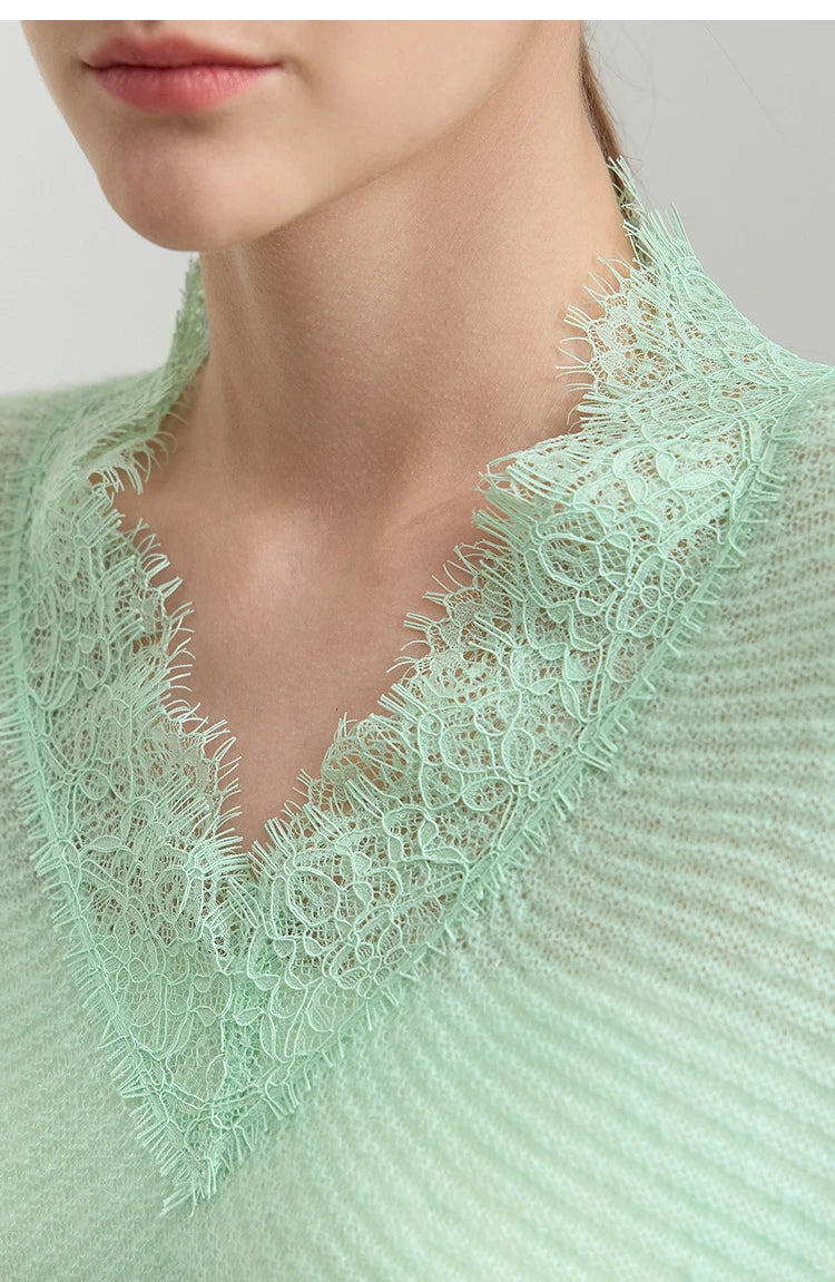 Damen V-Ausschnitt Pullover Mohair Spitze locker mittellang Frühling