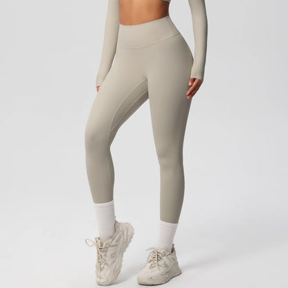 Damen-Yoga-Leggings in Hellbeige mit hoher Taille, eng anliegend bis zum Knöchel
