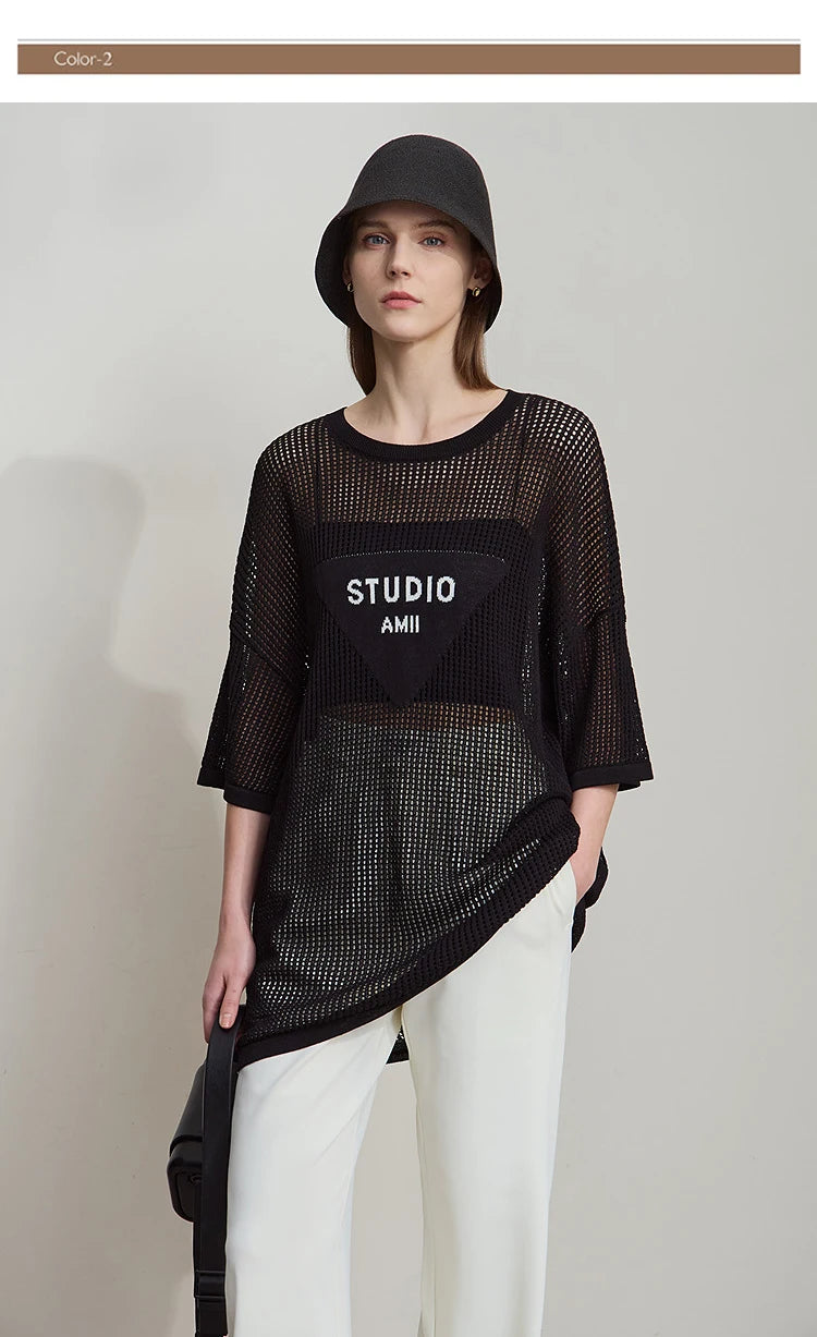 Damen-Rundhalspullover Buchstaben-Jacquard Halbarm locker Sommer