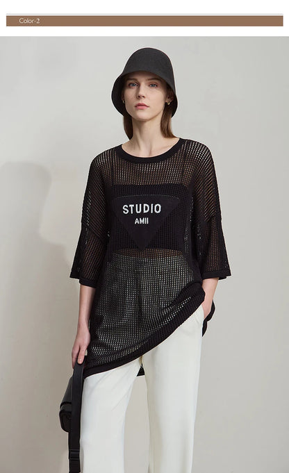 Damen-Rundhalspullover Buchstaben-Jacquard Halbarm locker Sommer