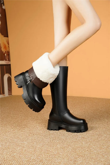 AIYUQI Women Winter Boots Genuine Leather 2025 New Natural Wool Warm Women Tenor Boots British Style Platform Women's Snow Boots
