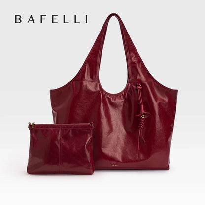 Rote Damen-Echtleder-Tragetasche mit Reißverschlussfach und passender kleiner Tasche