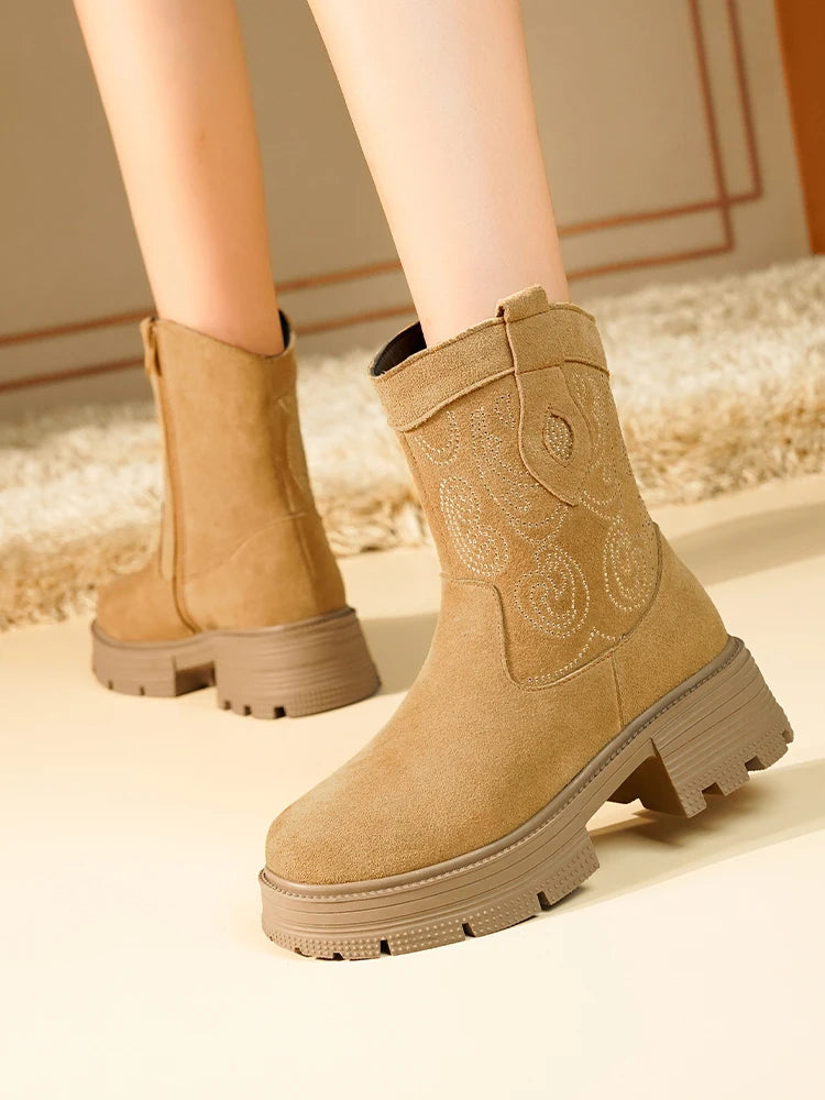 AIYUQI Western Cowboy Boots Women 2025 New Genuine Leather Winter Shoes Boots Women Short Tube Fashion Women's Snow Boots