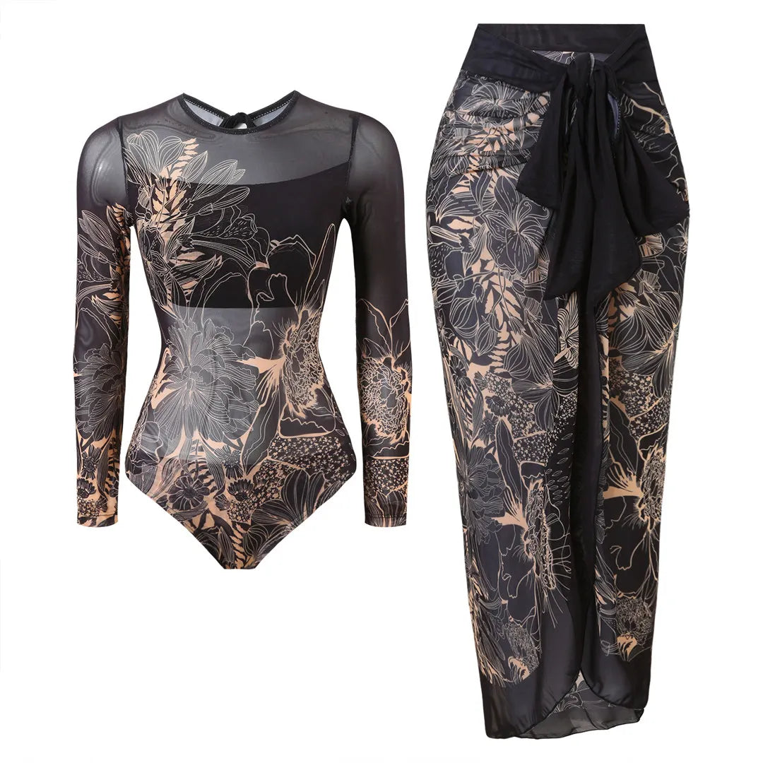 Damen-Badeanzug Blumen Langarm Sarong einteilig gepolstert