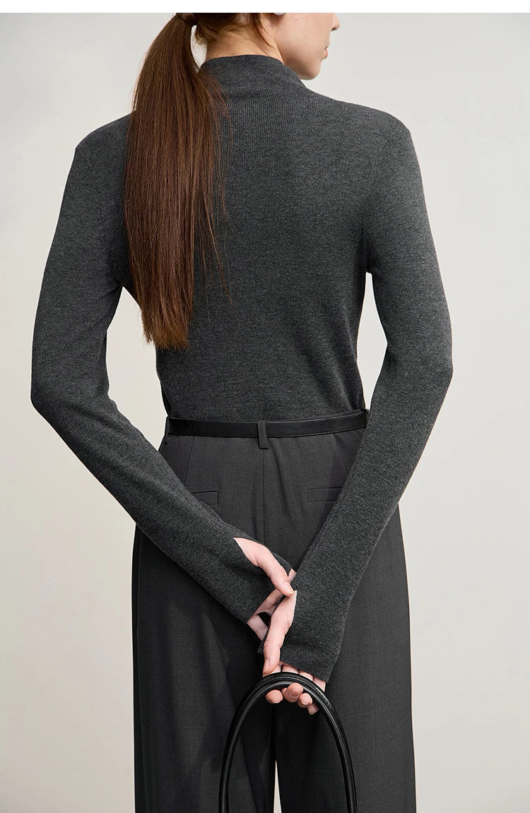 Damenpullover mit Stehkragen, langarm, dunkelgrau, Rückansicht ohne Front-Detail