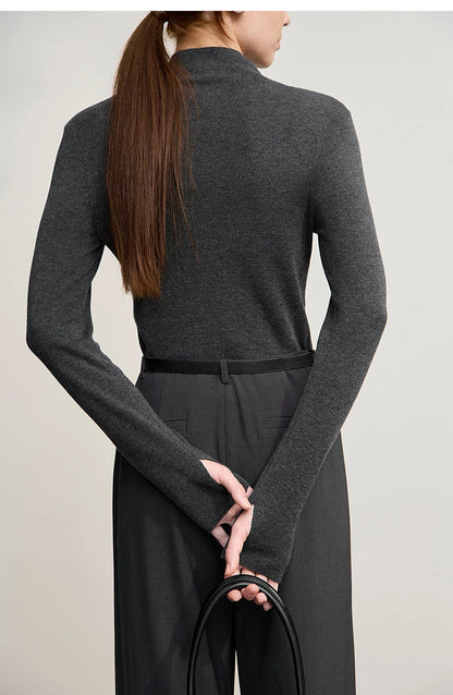 Damenpullover mit Stehkragen, langarm, dunkelgrau, Rückansicht ohne Front-Detail