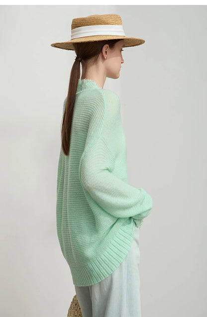 Damen V-Ausschnitt Pullover Mohair Spitze locker mittellang Frühling