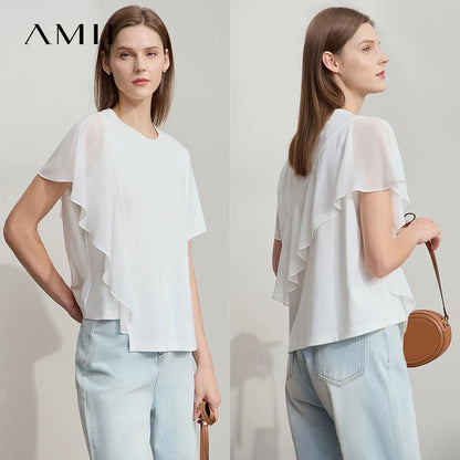 Damen Sommer-T-Shirt mit kurzen Schmetterlingsärmeln und Rundhalsausschnitt