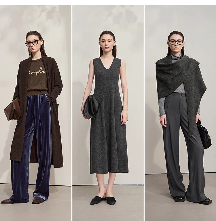 Damen V-Ausschnitt Strickkleid A-Linie ärmellos Herbst-Winter