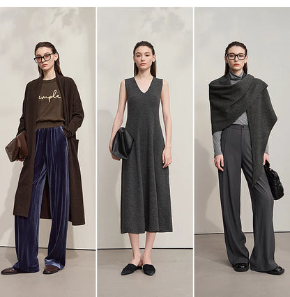 Damen V-Ausschnitt Strickkleid A-Linie ärmellos Herbst-Winter
