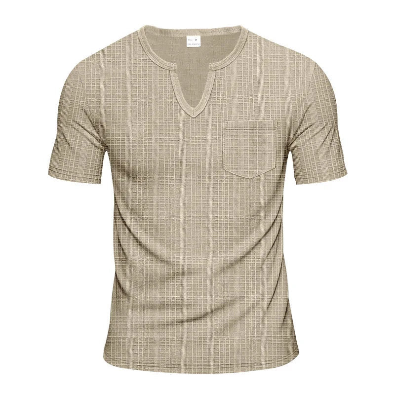 Herren-Casual-Poloshirt mit V-Ausschnitt, Brusttasche und Knopfleiste – vielseitiges, einfarbiges Business-T-Shirt