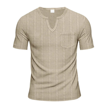 Herren-Casual-Poloshirt mit V-Ausschnitt, Brusttasche und Knopfleiste – vielseitiges, einfarbiges Business-T-Shirt