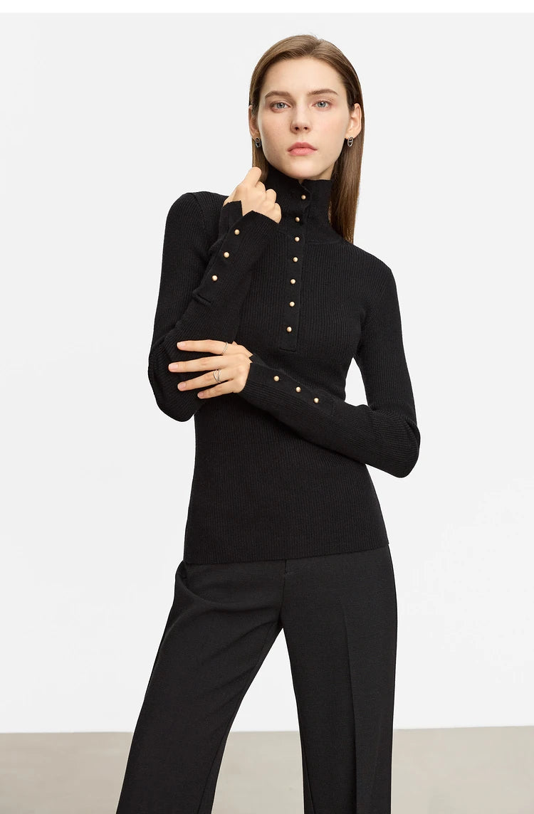 Damen-Strickjacke Rollkragen Knopfleiste Slim halboffene Front Herbst