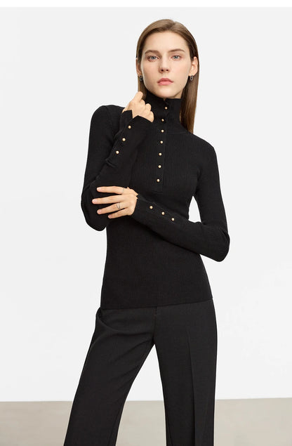 Damen-Strickjacke Rollkragen Knopfleiste Slim halboffene Front Herbst
