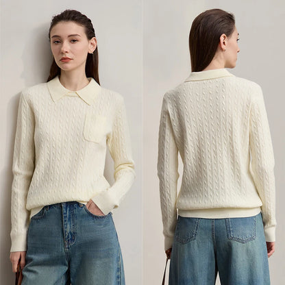 Cremefarbener Pullover mit Zopfmuster, Rundhalsausschnitt und langen Ärmeln