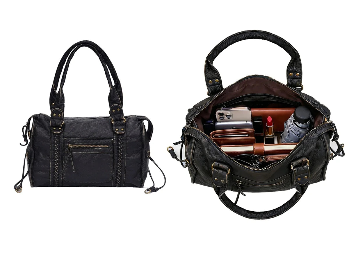 Damen-Handtasche aus PU-Leder Weinrot Großes Fassungsvermögen Schultertasche Boston-Stil