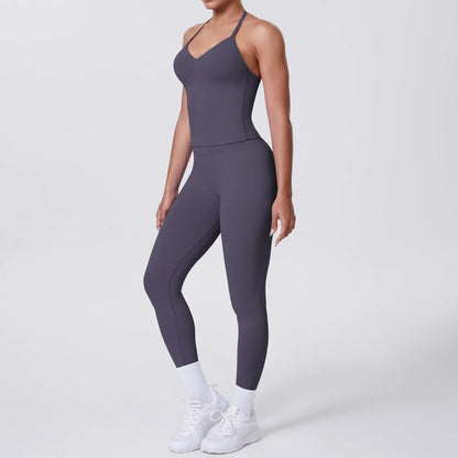 Damen-Yoga-Set in Dunkellila: Trägertop mit V-Ausschnitt und Leggings